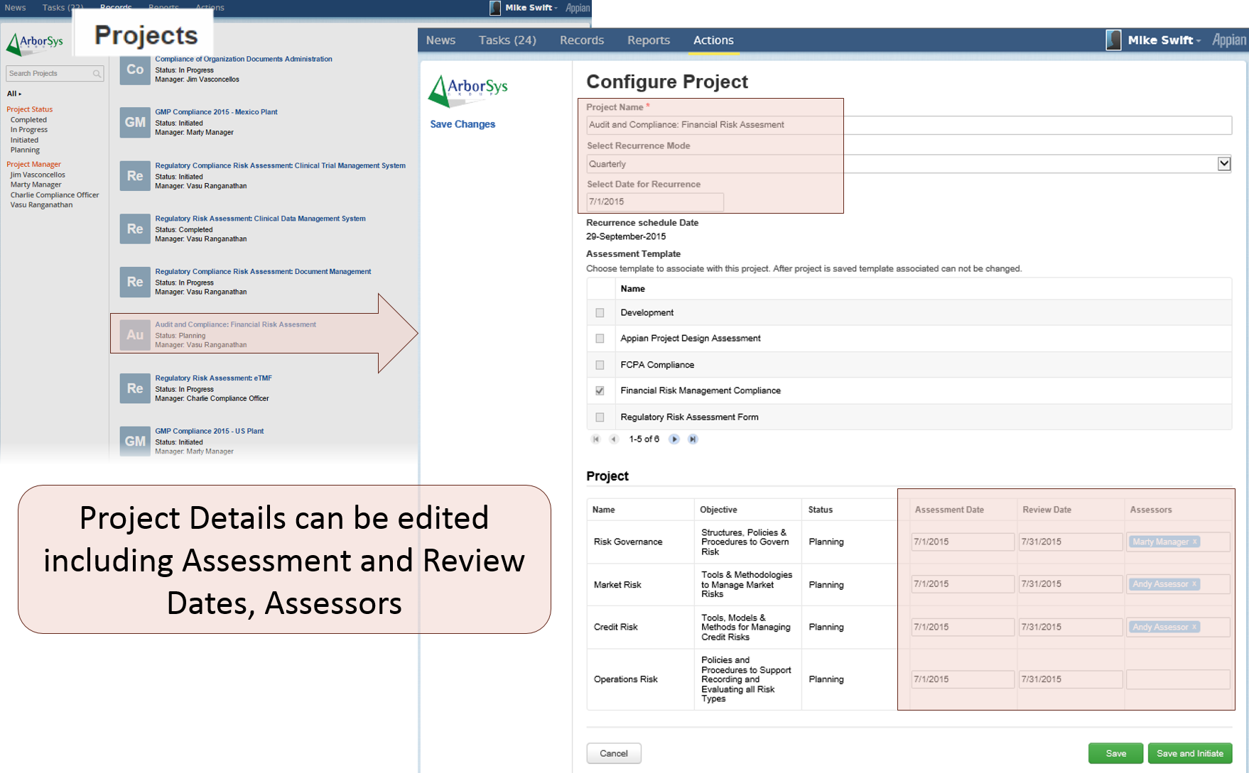 compliance assessment projects list and configuration